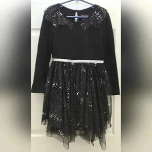Girls black and silver glitter layered tule long sleeve dress size 6 / 6X